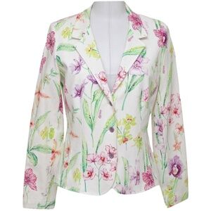 LEGGIADRO Blazer Jacket Floral White ORCHID Cotton Long Sleeve Gold Sz8 NWT $895